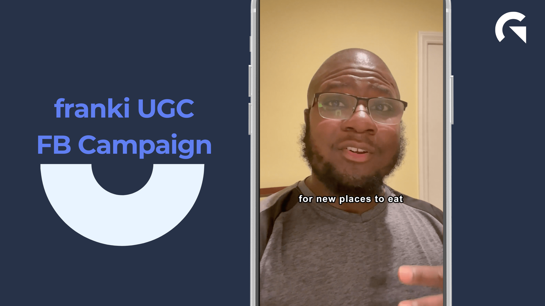 A half-page image with the text "franki UGC FB campaign" with an image of a man facing the camera wearing a grey shirt with glasses, with the caption "for new places to eat"